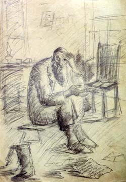 ''In Mourning'' by Chassidic artist Hendel Lieberman. Pencil, 1950's